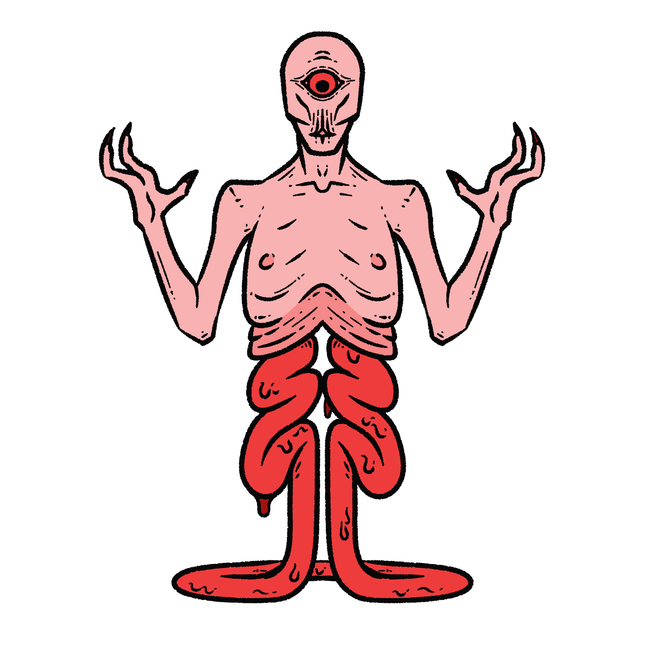 A pink, humanoid creature with one red eye. Its body is cut just below the ribcage, where a single, thick red intestine drapes down for it to stand on.